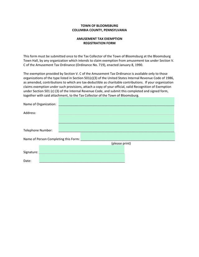 AMUSEMENT TAX EXEMPTION REGISTRATION FORM screenshot