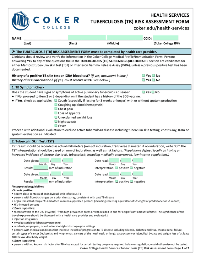Tuberculosis (TB) Risk Assessment Form screenshot