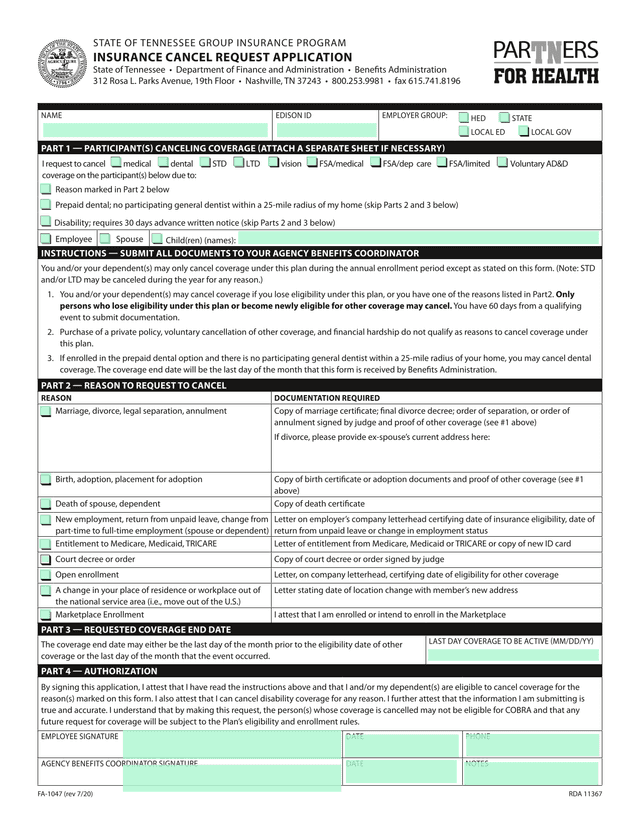 Request To Cancel Coverage Form screenshot