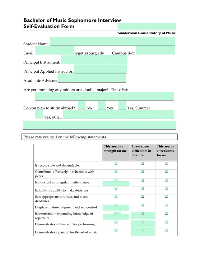 Bachelor Of Music Sophomore Interview Self Evaluation Form screenshot