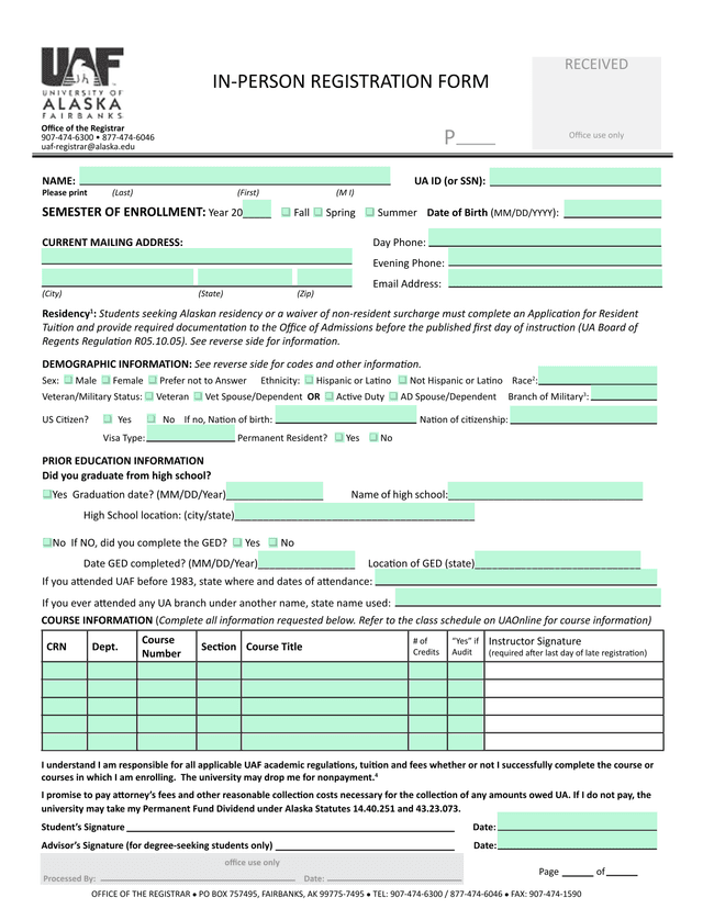 IN PERSON REGISTRATION FORM screenshot