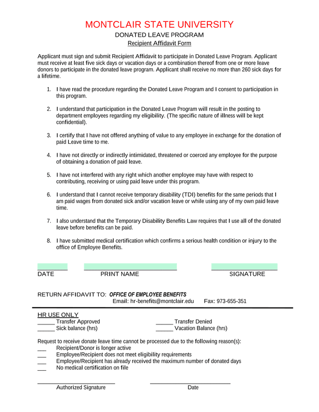Donated Leave Program Recipient Affidavit Form screenshot
