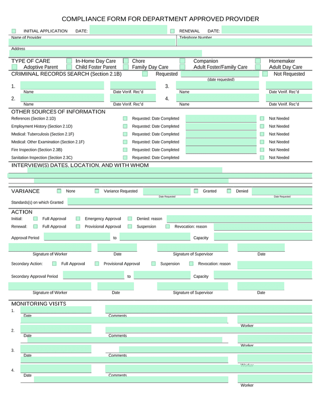 COMPLIANCE FORM FOR DEPARTMENT APPROVED PROVIDER screenshot