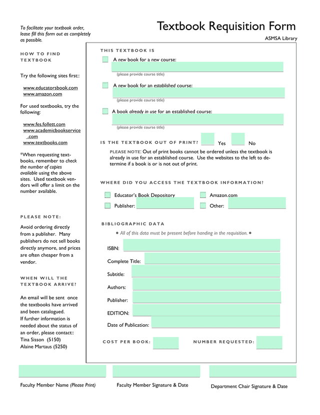 Textbook Requisition Form screenshot