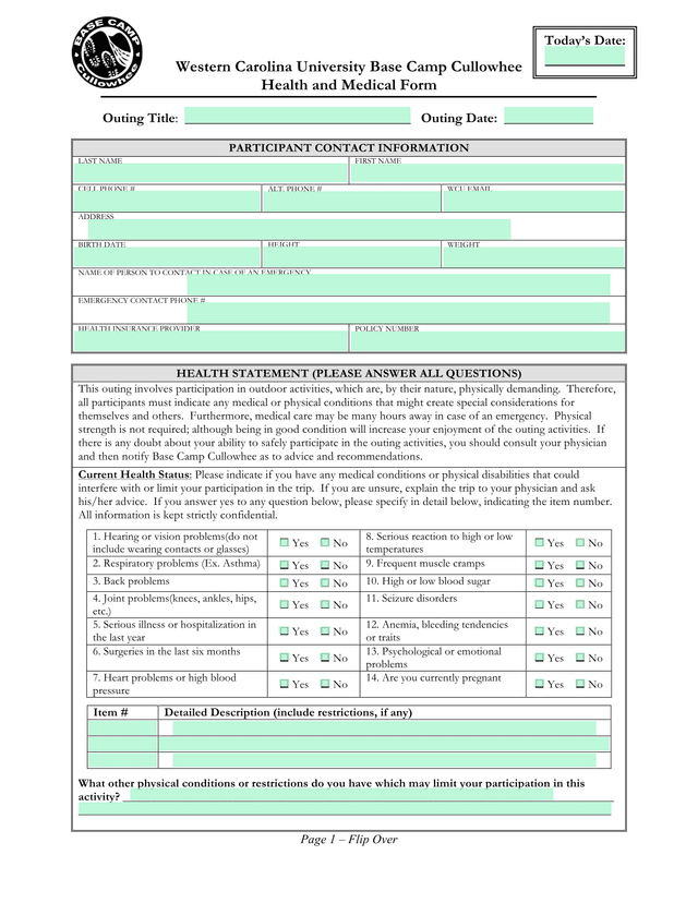 Western Carolina University Base Camp Cullowhee Health And Medical Form screenshot