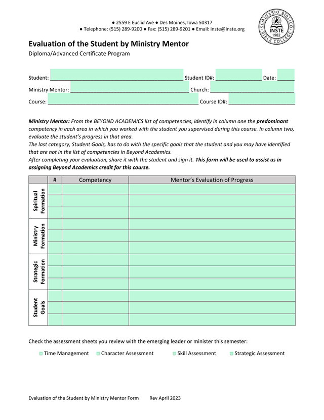 Evaluation Of The Student By Ministry Mentor Form screenshot