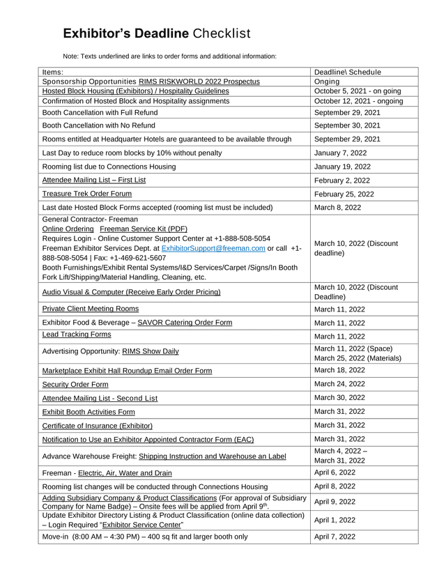 ExhibitorS Deadline Checklist screenshot