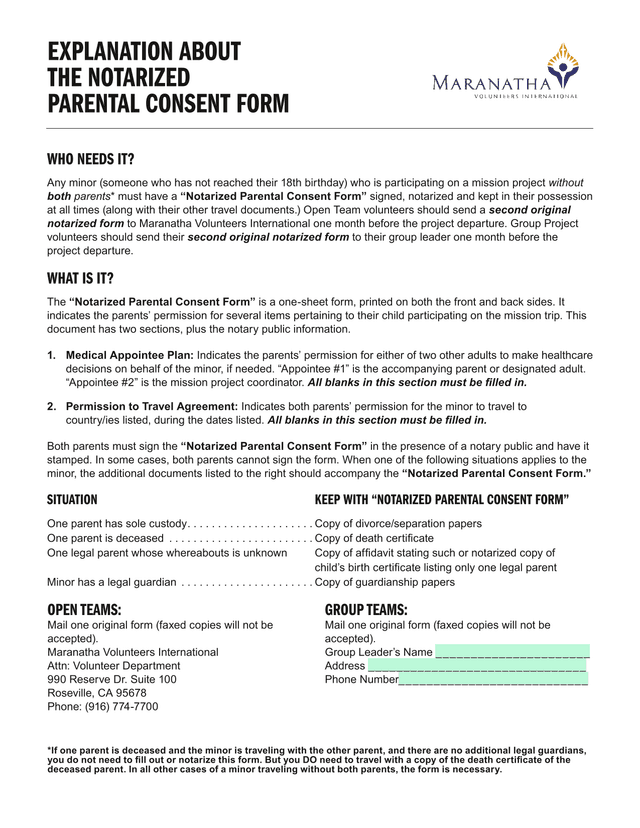 Notarized Parental Consent Form screenshot