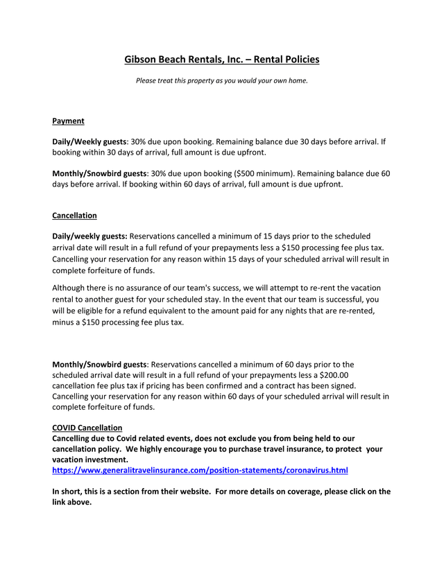 Gibson Beach Rentals, Inc.  Rental Policies screenshot