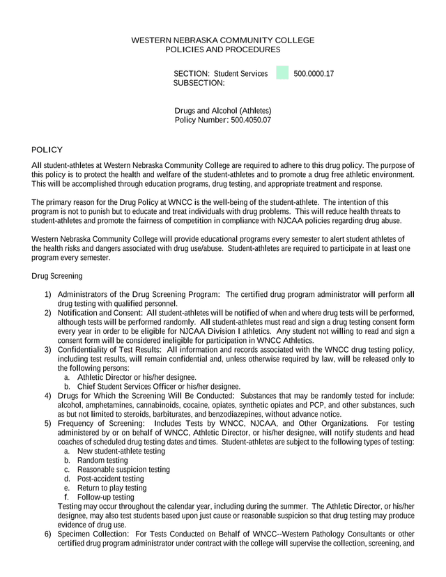 Drugs And Alcohol (Athletes) Policy screenshot