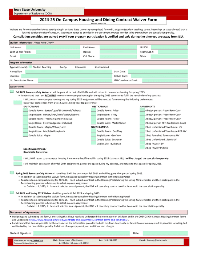 2024 25 On Campus Housing And Dining Contract Waiver Form screenshot