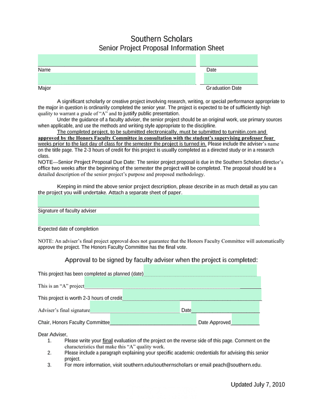 Southern Scholars Senior Project Proposal Information Sheet screenshot