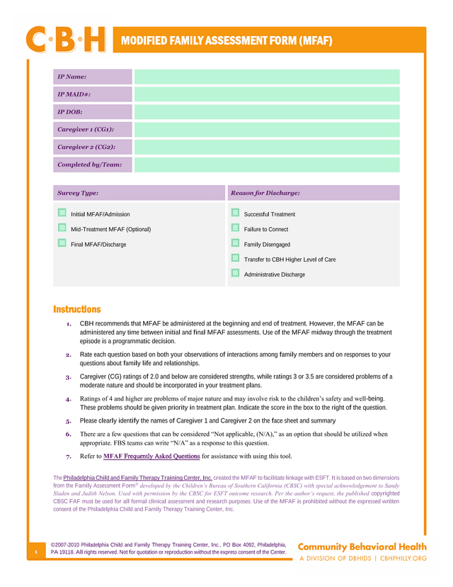 Modified Family Assessment Form (MFAF) screenshot