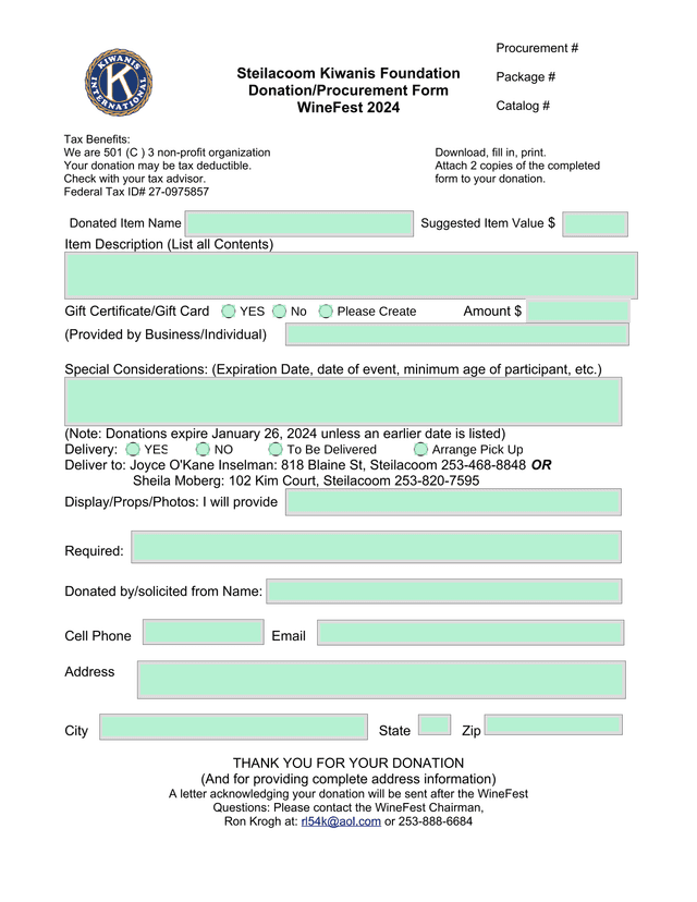 Steilacoom Kiwanis Foundation DonationProcurement Form WineFest 2024 screenshot