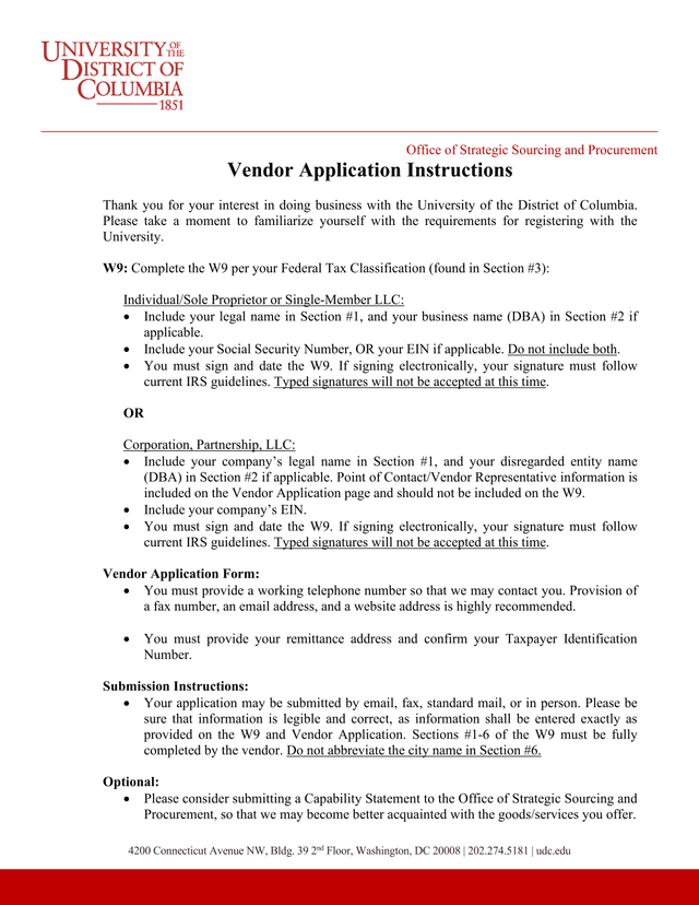 Vendor Application Instructions screenshot
