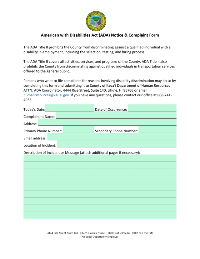 Americans With Disabilities Act (ADA) Notice  Complaint Form screenshot