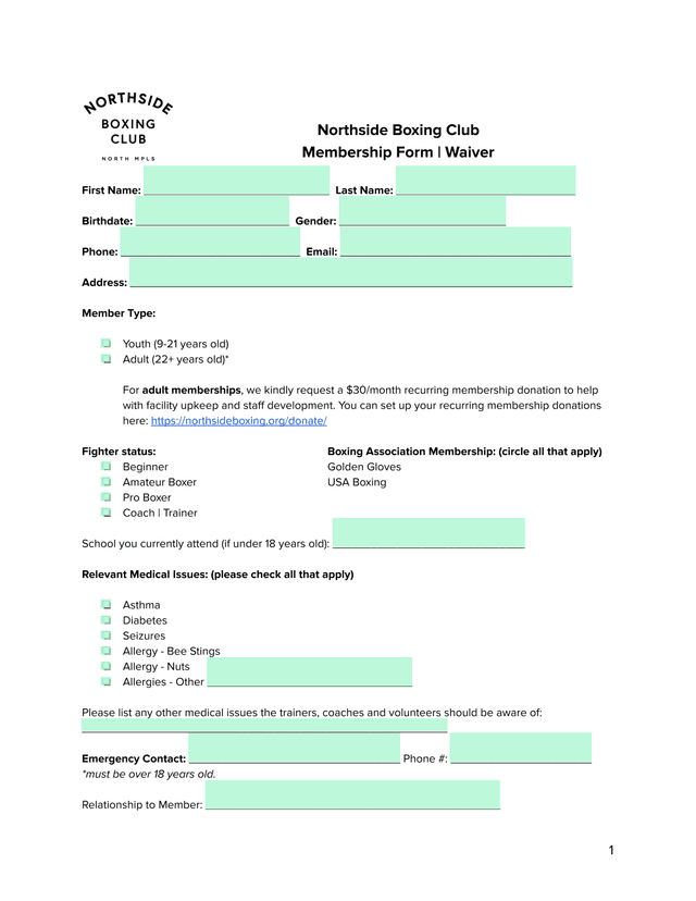 Northside Boxing Club Membership Form  Waiver screenshot