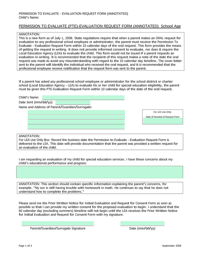 Permission To Evaluate   Evaluation Request Form (Annotated) screenshot