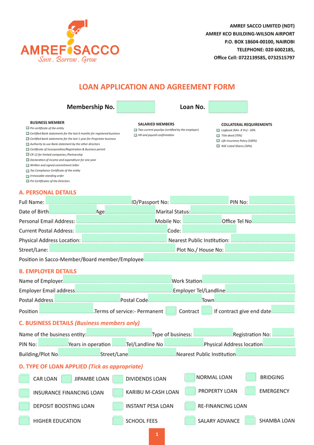 LOAN APPLICATION AND AGREEMENT FORM screenshot