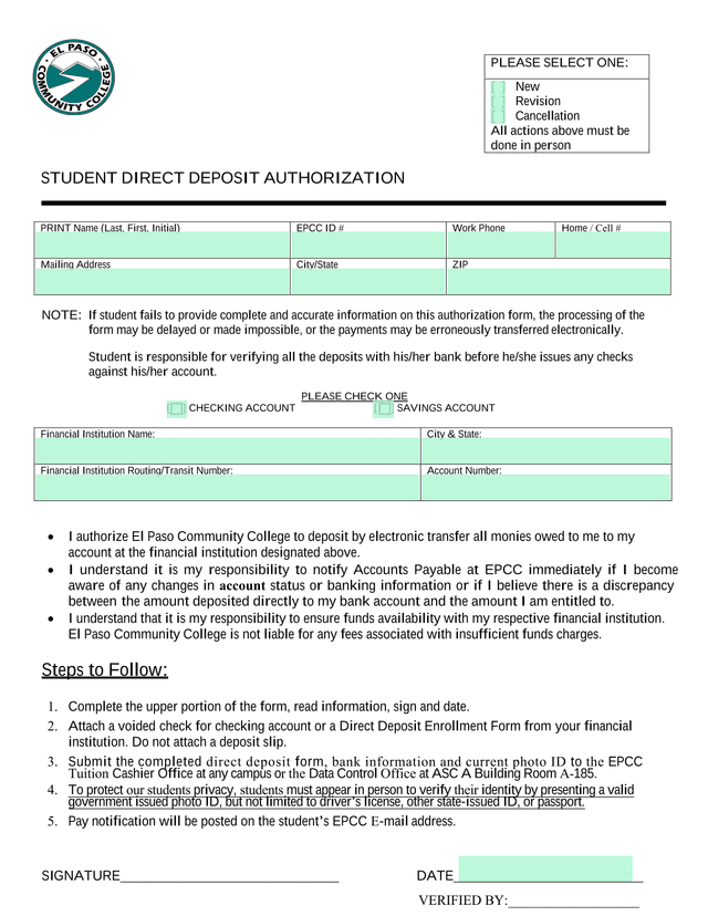 Student Direct Deposit Authorization screenshot