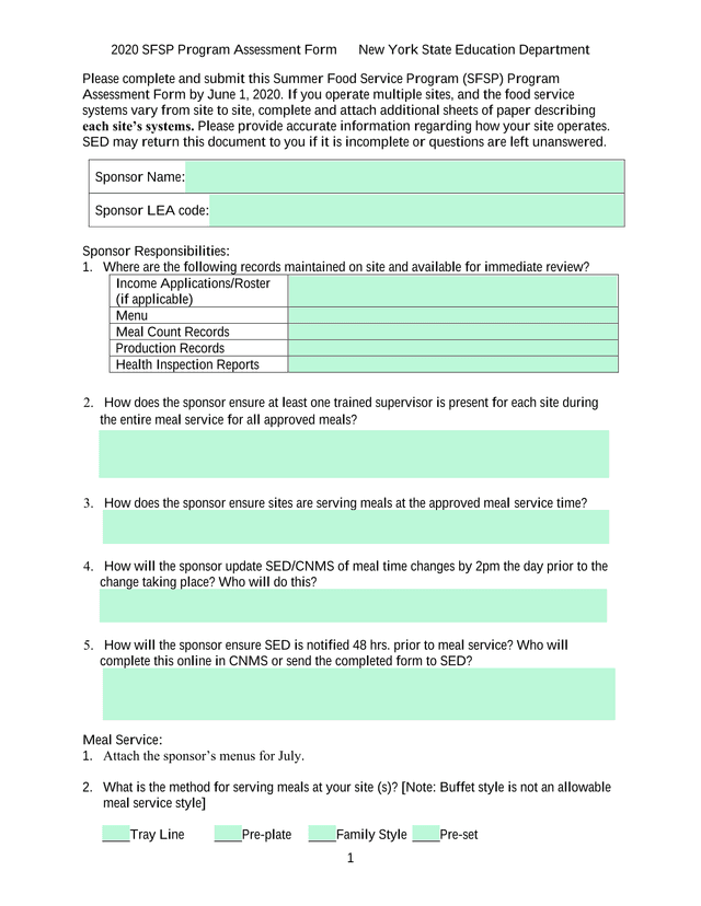 2020 SFSP Program Assessment Form screenshot