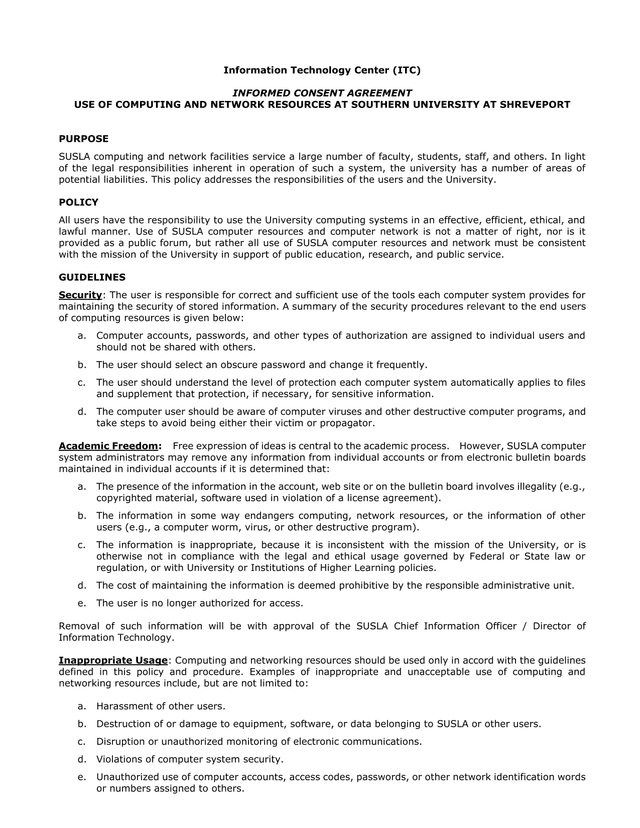 INFORMED CONSENT AGREEMENT   USE OF COMPUTING AND NETWORK RESOURCES AT SOUTHERN UNIVERSITY AT SHREVE screenshot