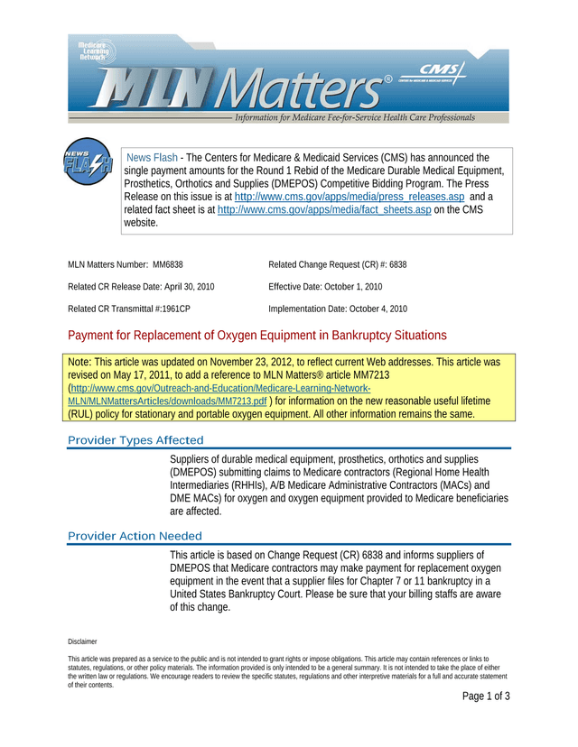 MLN Matters Payment For Replacement Of Oxygen Equipment In Bankruptcy Situations screenshot