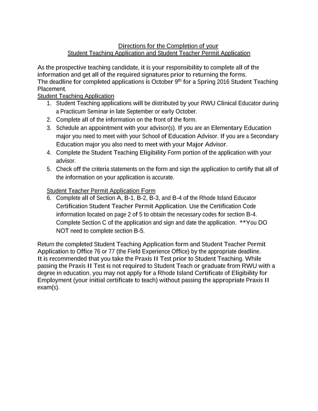 Directions For The Completion Of Student Teaching Application And Student Teacher Permit Application screenshot
