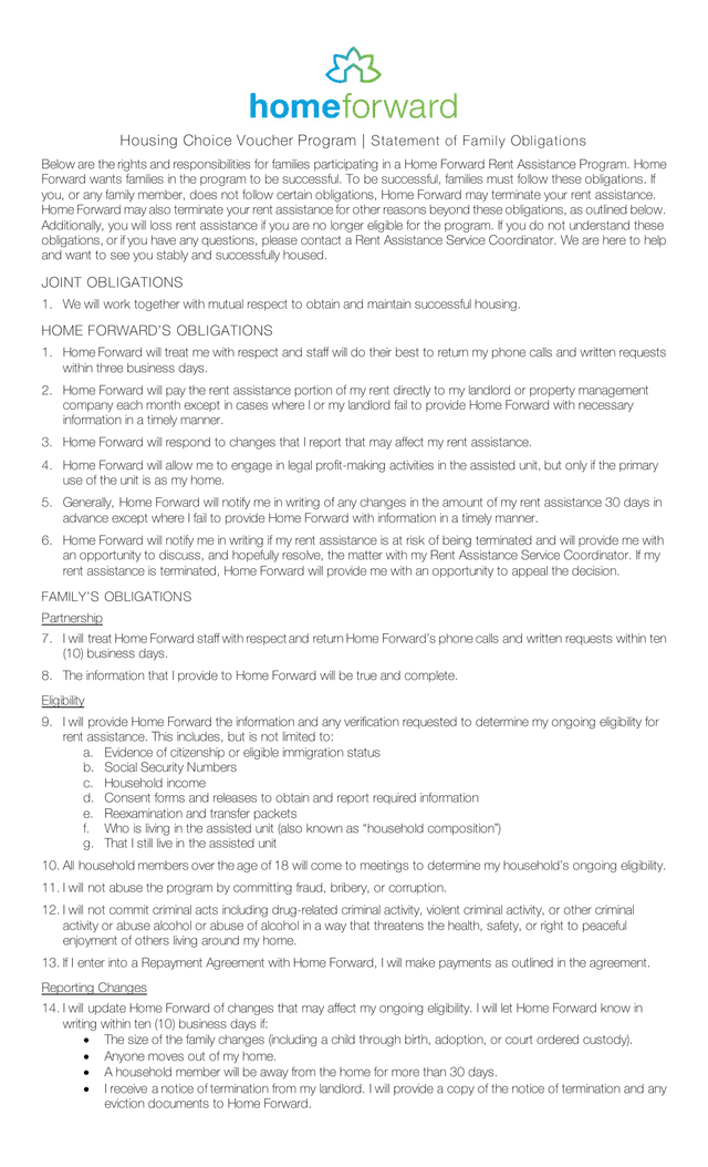 Housing Choice Voucher Program  Statement Of Family Obligations screenshot
