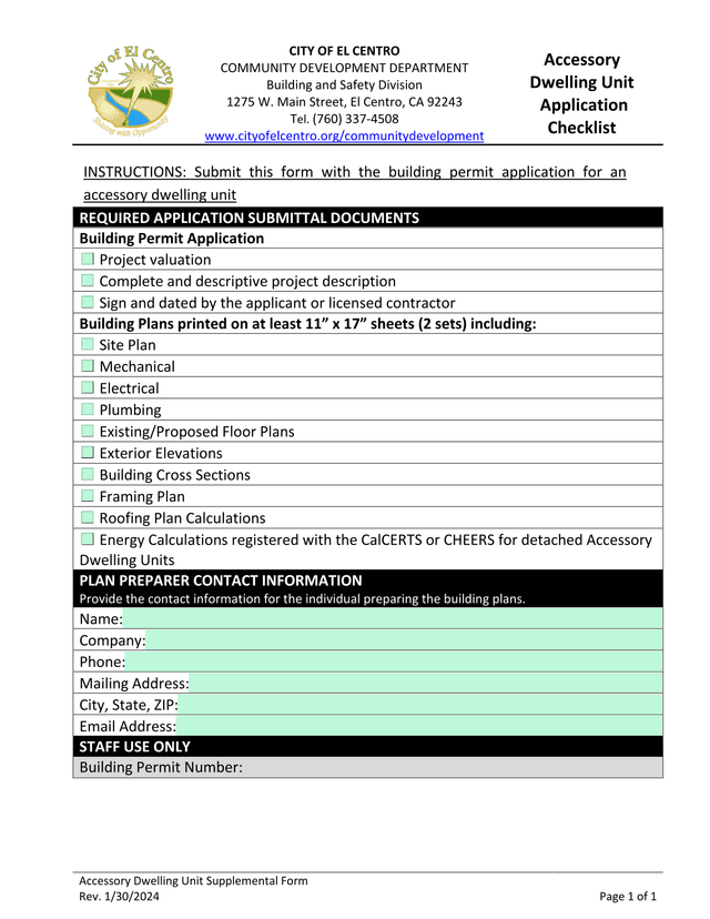 Accessory Dwelling Unit Application Checklist screenshot