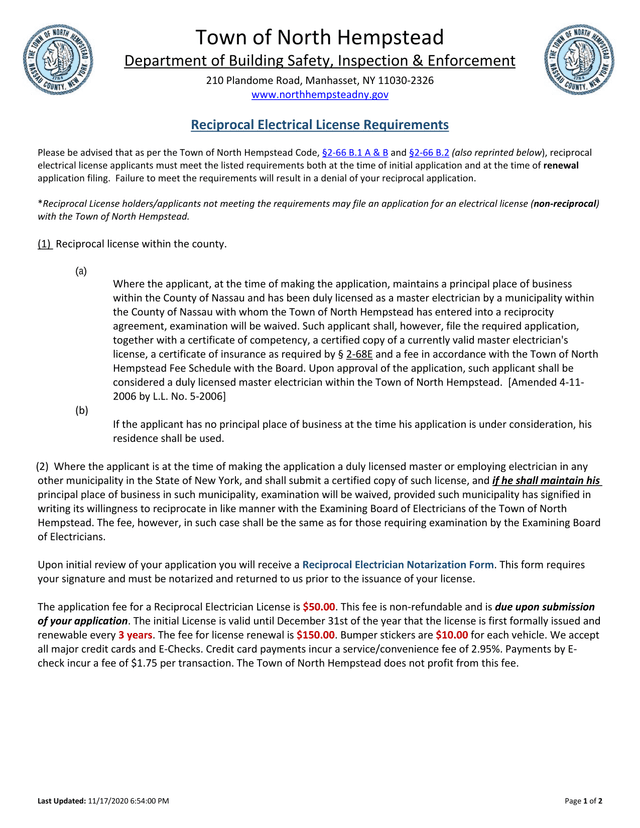 Reciprocal Electrical License Requirements screenshot