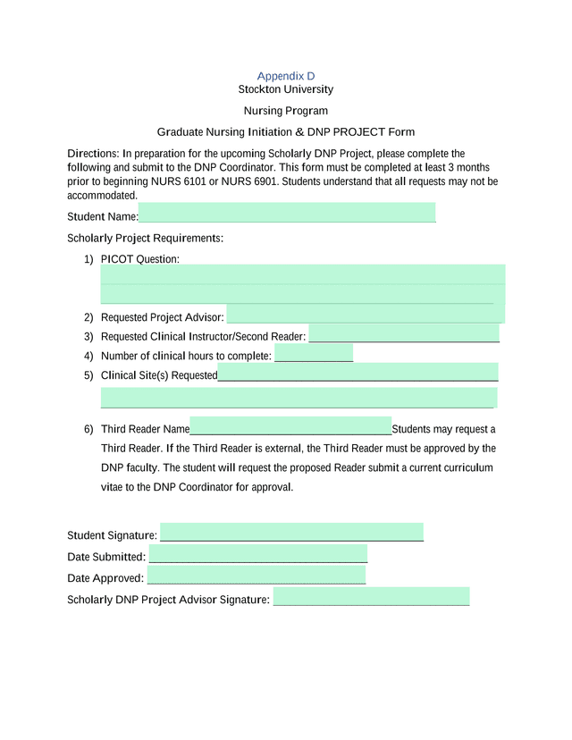 Graduate Nursing Initiation  DNP PROJECT Form screenshot