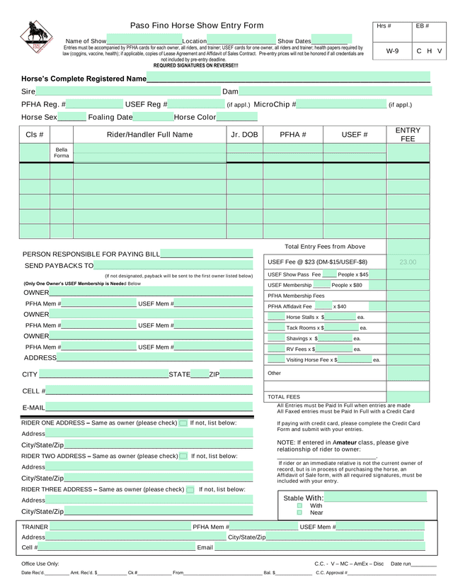 Paso Fino Horse Show Entry Form screenshot