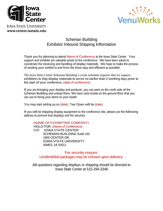 Scheman Building Exhibitor Inbound Shipping Information screenshot