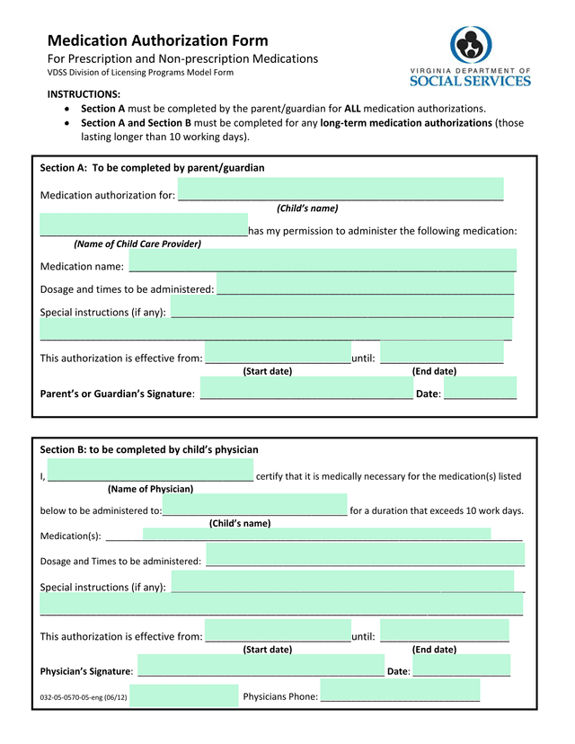 Medication Authorization Form For Prescription And Non Prescription Medications screenshot