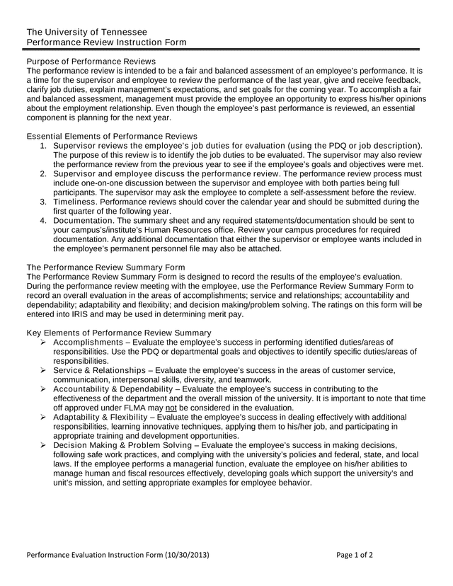 Performance Evaluation Instruction Form screenshot