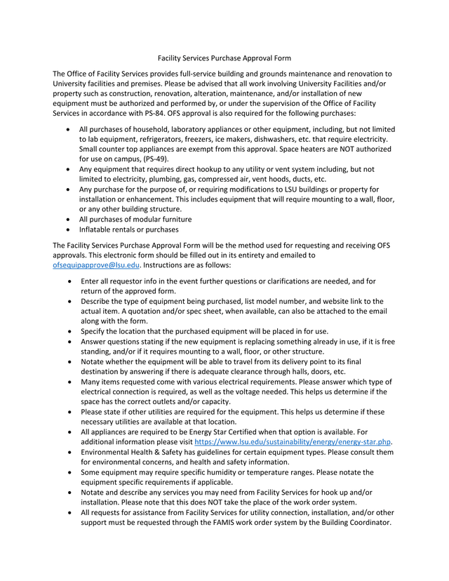 Facility Services Purchase Approval Form screenshot