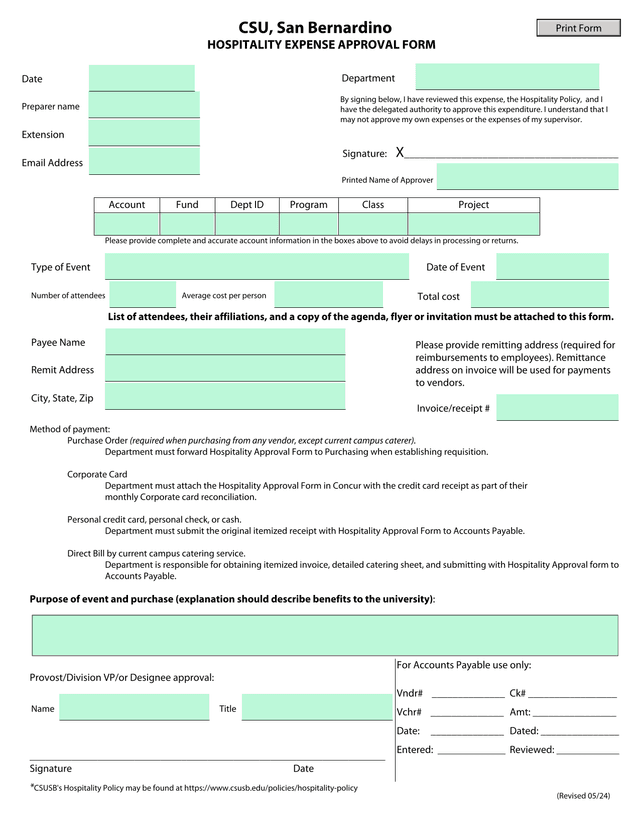 CSU, San Bernardino HOSPITALITY EXPENSE APPROVAL FORM screenshot