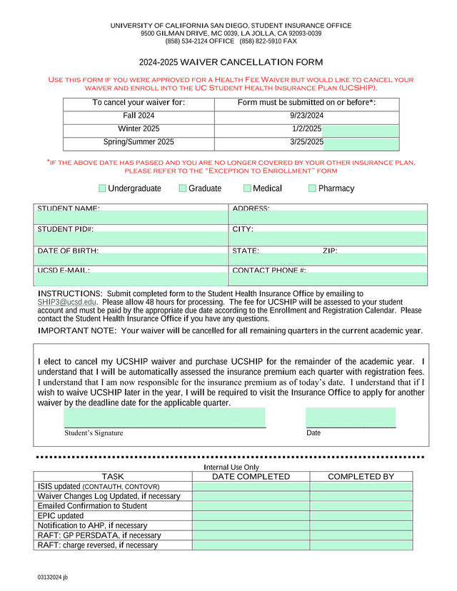 2024 2025 WAIVER CANCELLATION FORM screenshot