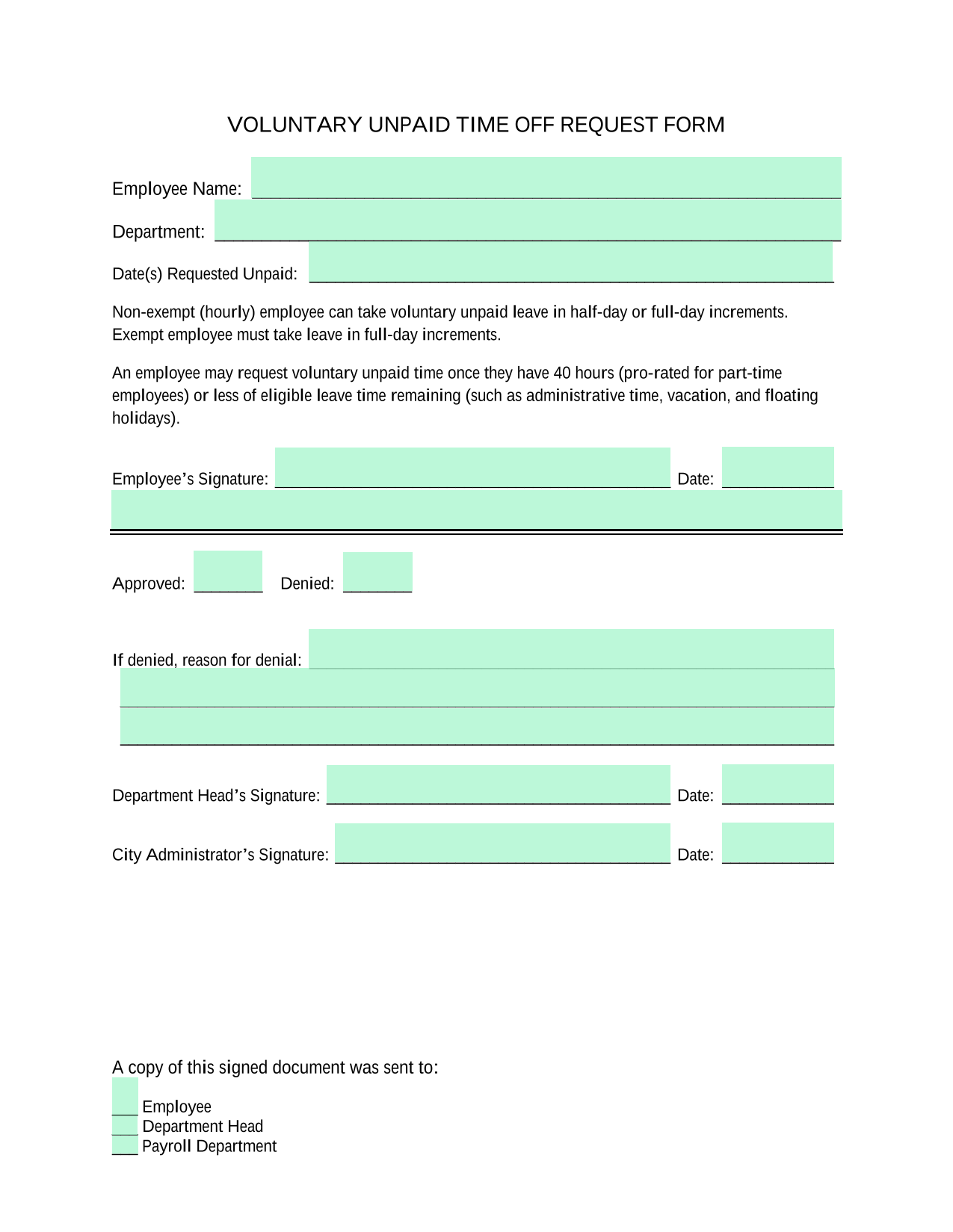 VOLUNTARY UNPAID TIME OFF REQUEST FORM screenshot