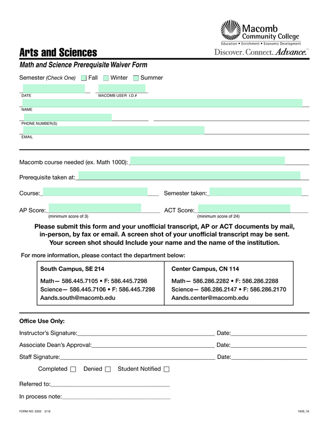 Math And Science Prerequisite Waiver Form screenshot