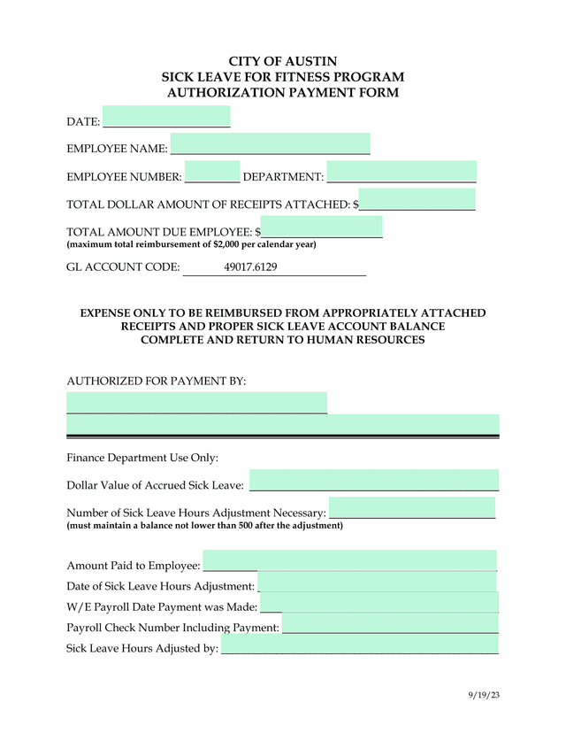 Sick Leave For Fitness Program Authorization Payment Form screenshot