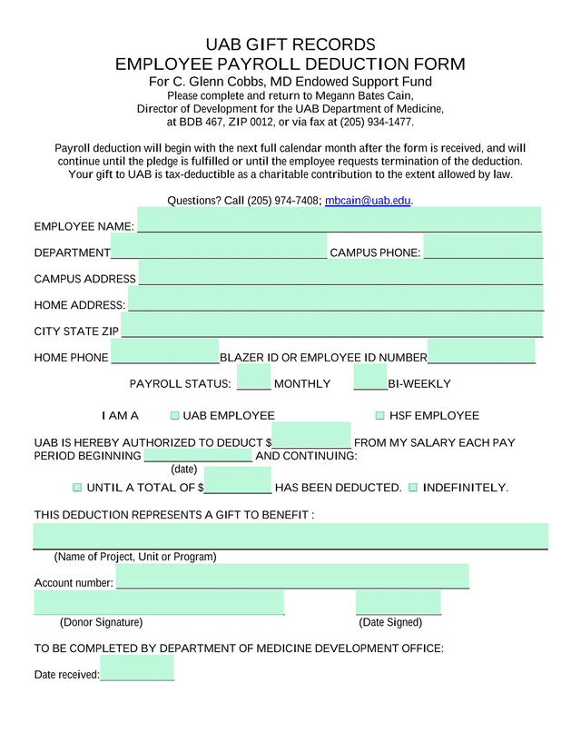UAB GIFT RECORDS EMPLOYEE PAYROLL DEDUCTION FORM screenshot