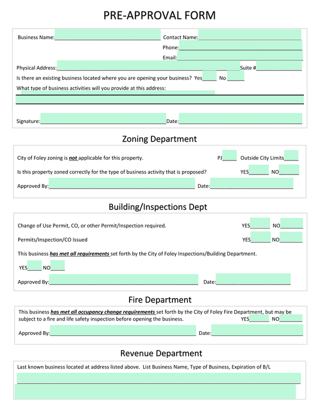 Pre Approval Form screenshot