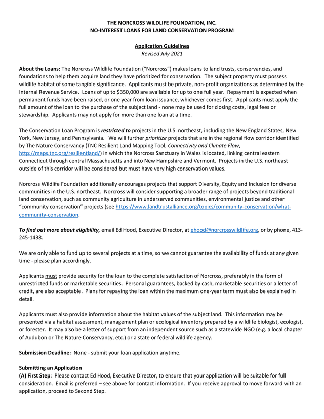 Norcross Wildlife Foundation No Interest Loans For Land Conservation Program screenshot