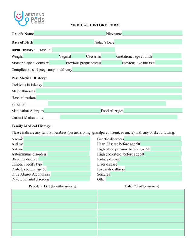 MEDICAL HISTORY FORM screenshot