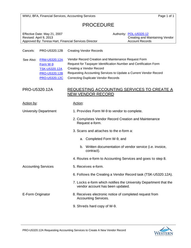PRO U5320.12A Requesting Accounting Services To Create A New Vendor Record screenshot