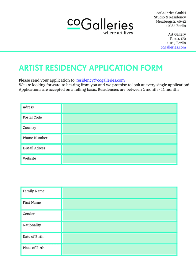 ARTIST RESIDENCY APPLICATION FORM screenshot