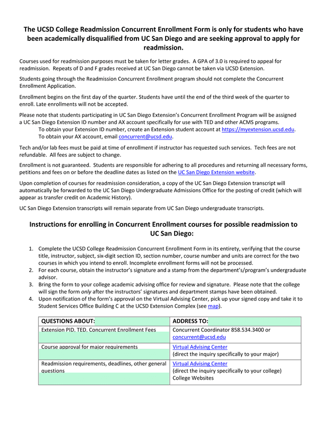 UCSD College Readmission Concurrent Enrollment Form screenshot