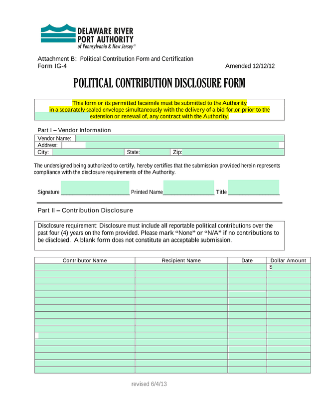 Political Contribution Disclosure Form screenshot